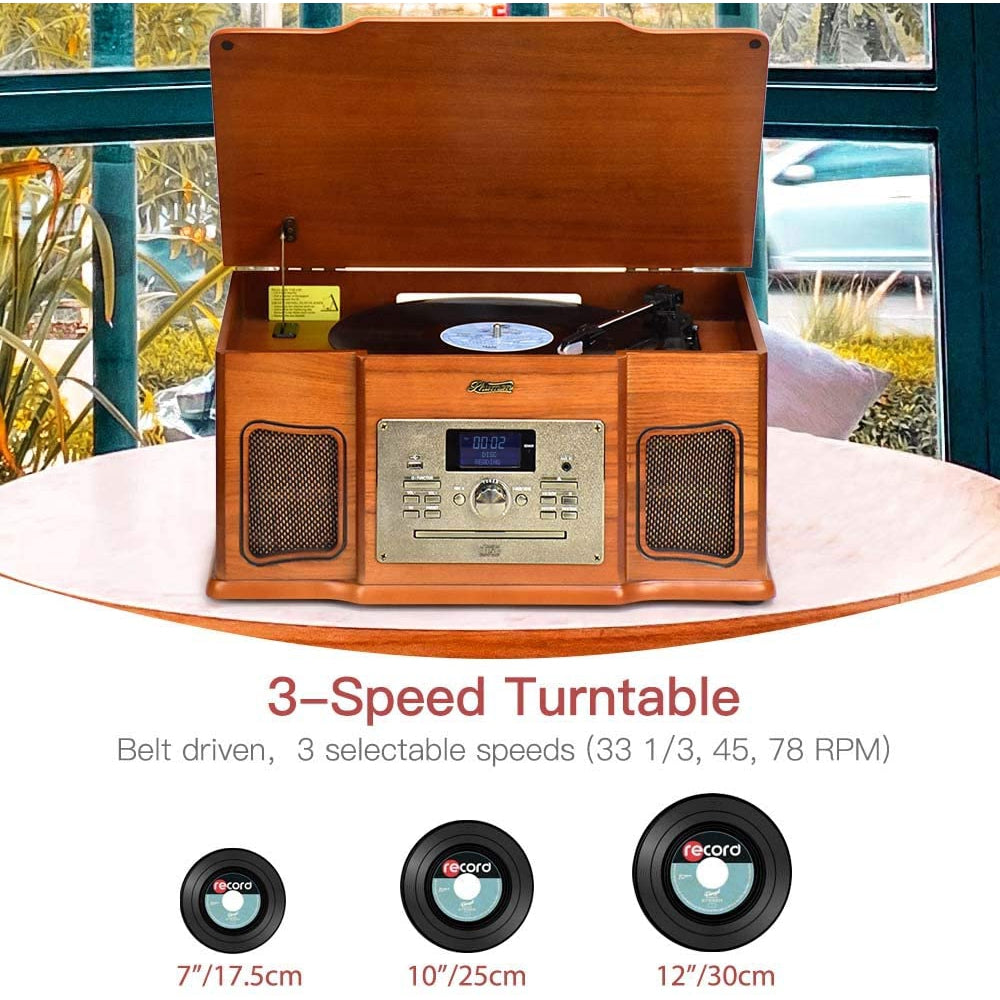 Shuman MC-274 Wooden 8-in-1 Bluetooth Music Centre with 3-Speed, Built-in Speakers
