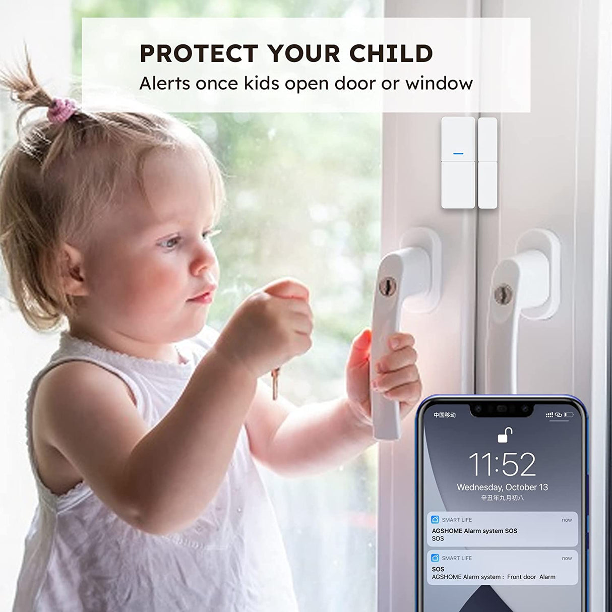 AGSHome Home Security Alarm System, 8-piece Kit, Wireless, Smartphone Alert, Featuring 1 Alarm Siren, 5 Door Window Sensors, 2 Remote Key Fobs