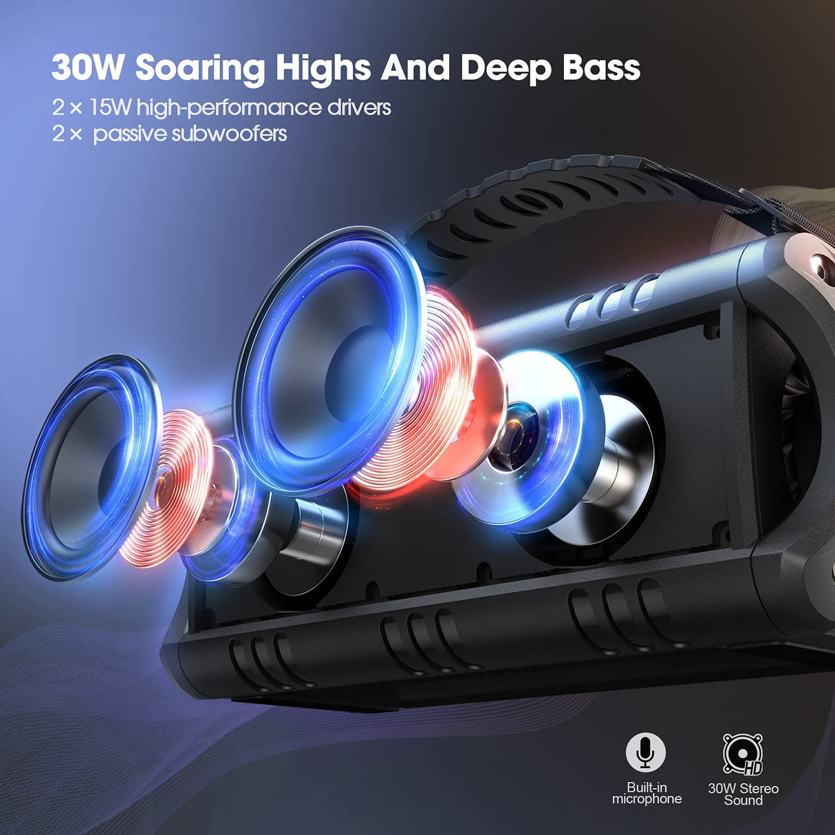 W-King 30W Portable Wireless Speakers Waterproof, 24 Hours Playtime, 5000mAh Battery with Punchy Bass