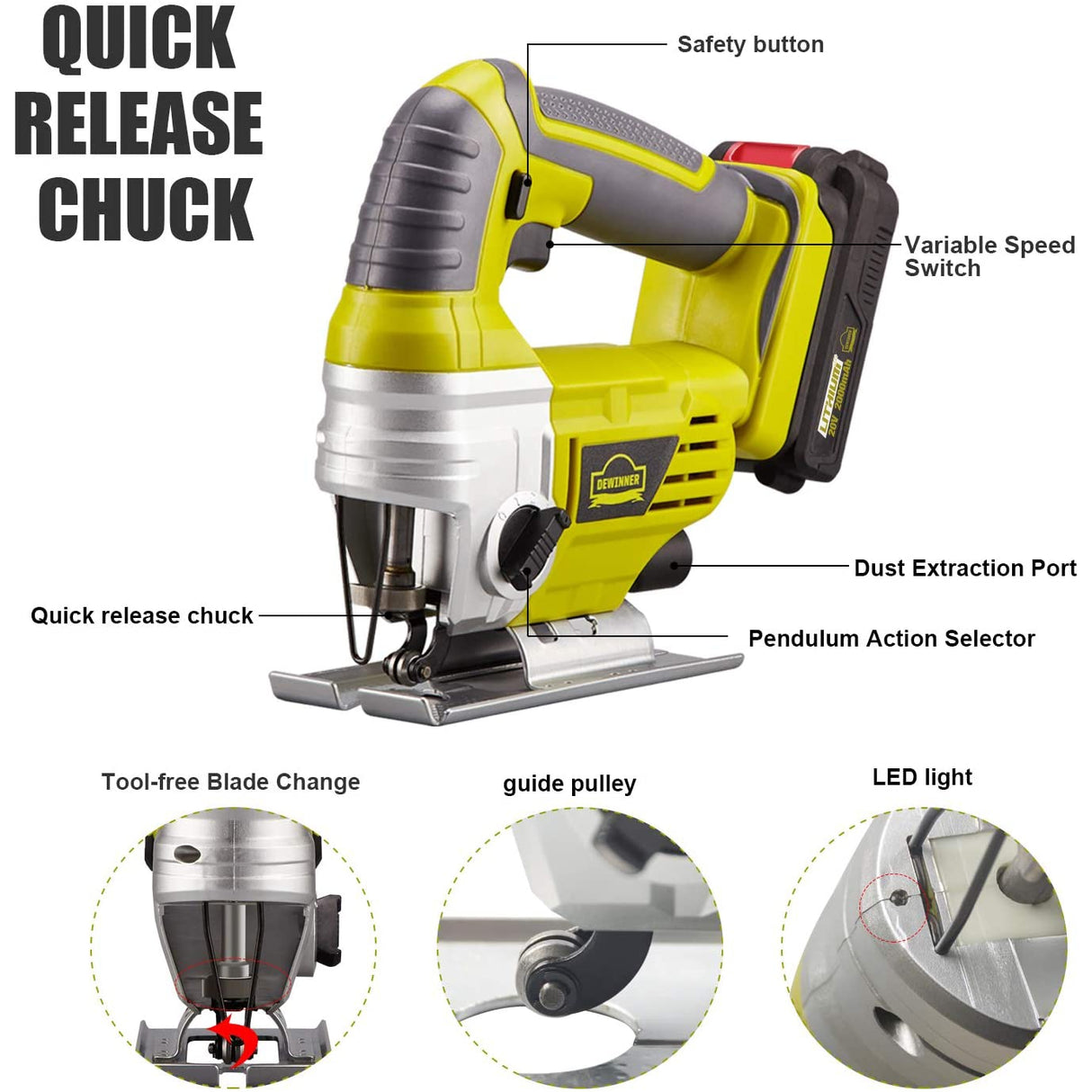 Dewinner Cordless Jigsaw Saw Tool with 2.0Ah Li-ion 20V MAX Battery