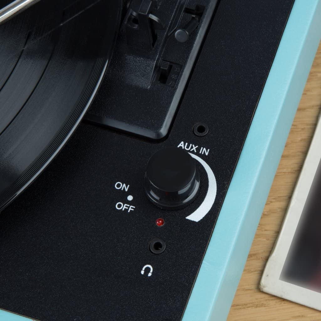 Akai A60011 - Retro 60's Premium Leather Style Suitcase Style Record Player, Blue
