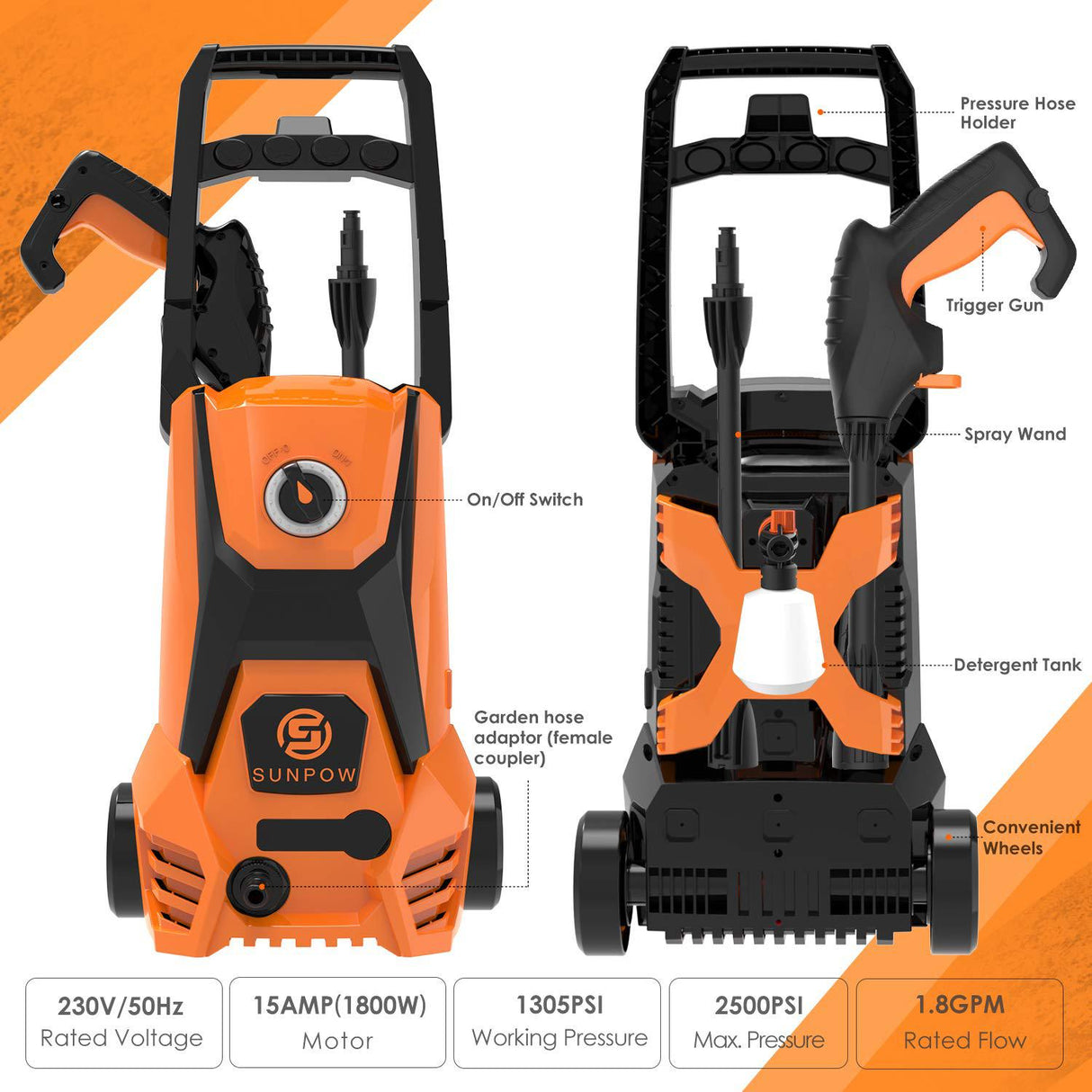 SUNPOW Pressure Washer, High Portable Water Power Washer 1800 Watt ,169 Bar(Max) , Flow 342 L / H Jet Wash with 4 Nozzles