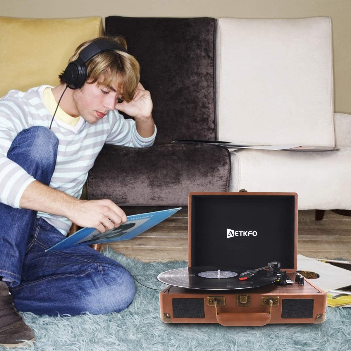 AETKFO Bluetooth Turntable 3-Speed Vinyl Record Player - Brown