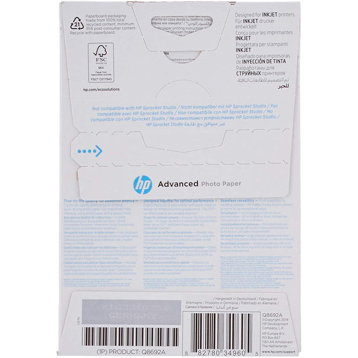 HP Advanced Photo Paper, 100 Sheets, 10x15cm, Glossy, 250g/m2 - White