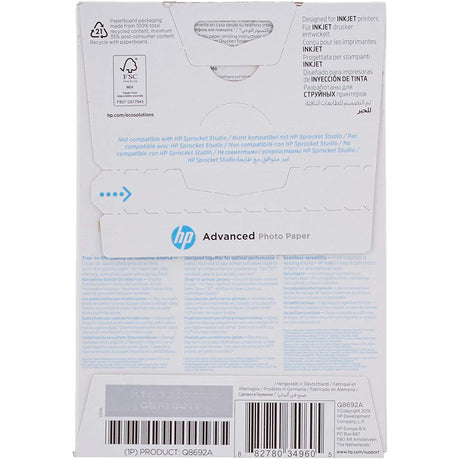 HP Advanced Photo Paper, 100 Sheets, 10x15cm, Glossy, 250g/m2 - White