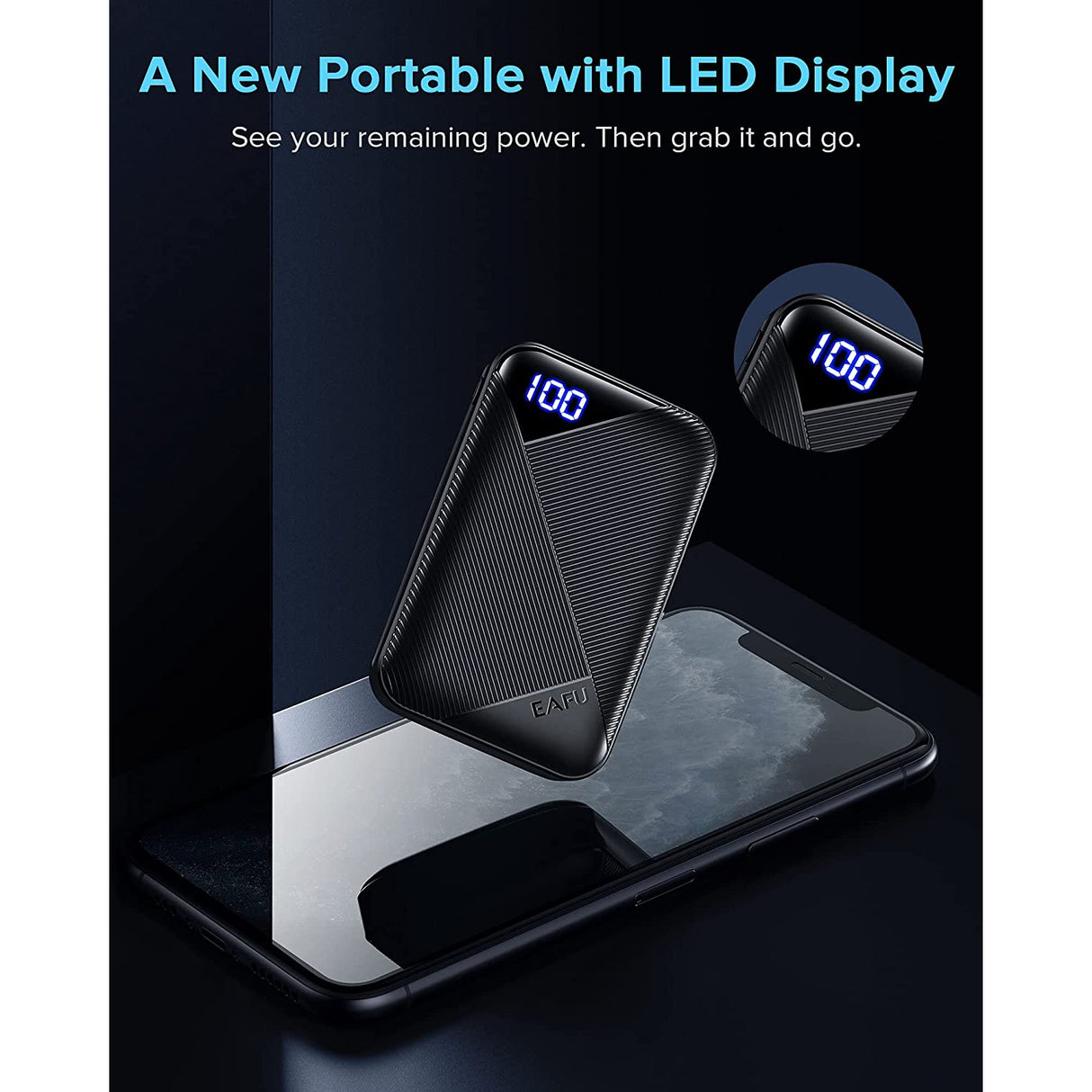 Eafu Portable Charger, Compact 10000mAh Dual 3A High Speed LED Display Power Bank, External Battery Pack with Flashlight