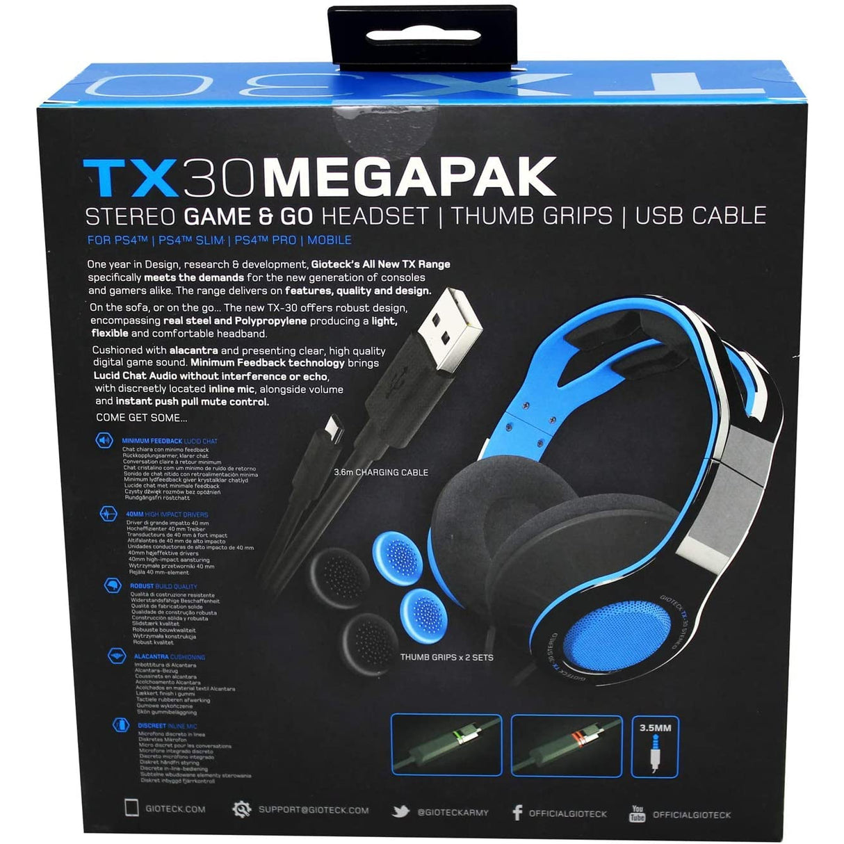 Gioteck TX30 Megapack Stereo Headset, Thumb Grips, USB Charging Cable for PS4, Blue