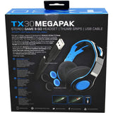 Gioteck TX30 Megapack Stereo Headset, Thumb Grips, USB Charging Cable for PS4, Blue