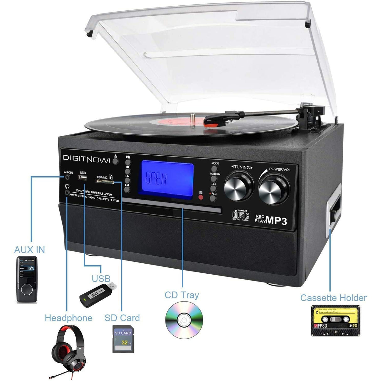 DIGITNOW! Bluetooth Vinyl Record Player Turntable, CD, Cassette, AM/FM Radio and Aux in with USB Port & SD Encoding - Black