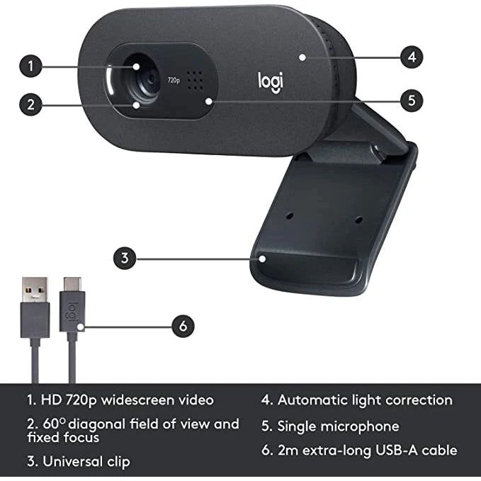 Logitech C505 HD Webcam, 720p HD External USB Camera - Black - Refurbished Pristine