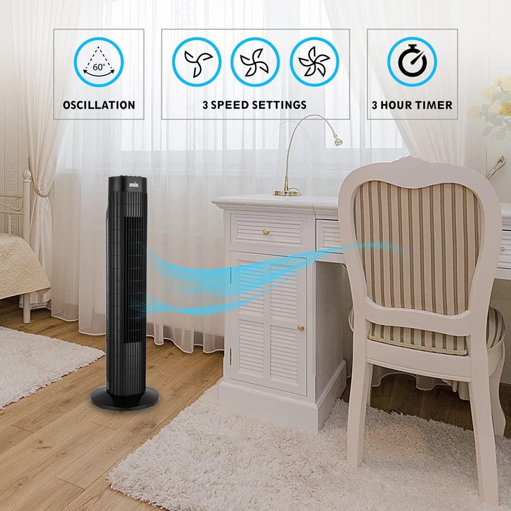 Ansio Tower Fan 30inch For Home and Office, 3 Hours Timer, 3 Speed Os