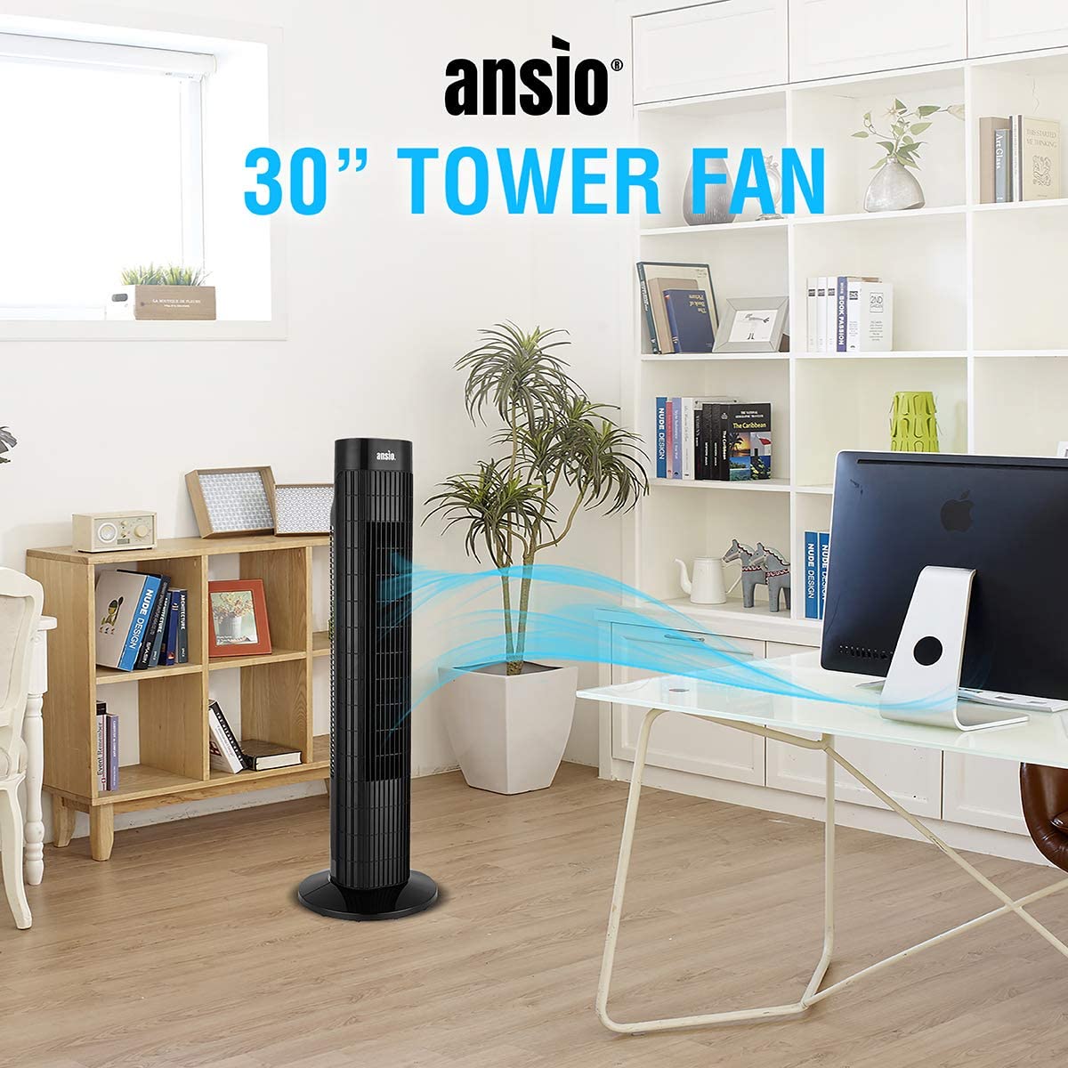 Ansio Tower Fan with Remote For Home and Office, 7.5 Hour Timer, 3 Speeds - Black