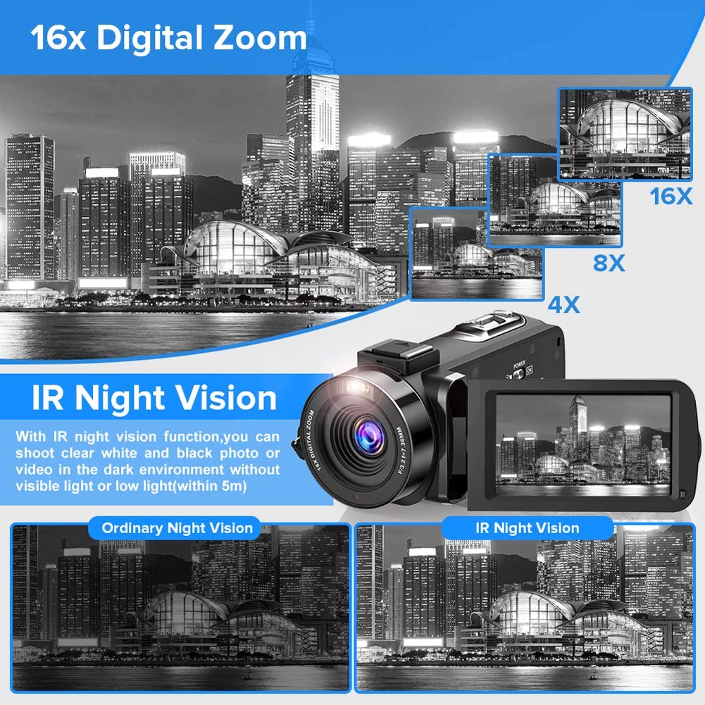 Video Camera Camcorder 2.7K Ultra HD YouTube Vlogging Camera 36MP IR Night Vision Digital Camera Recorder 16X Digital Zoom 3 inch IPS Touch Screen