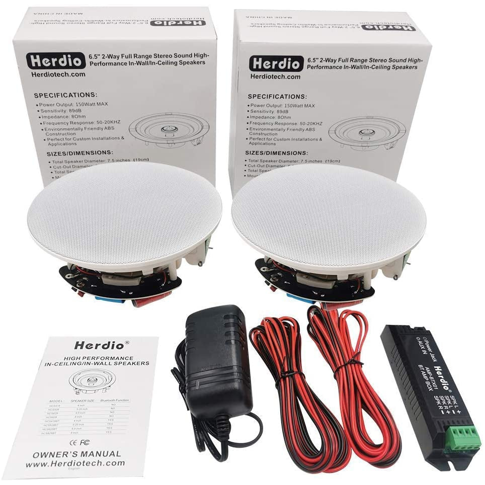 Herdio 6.5 Inches 300 Watts Round Bluetooth Ceiling Speakers 2 Way Flush Mount Stereo Sound