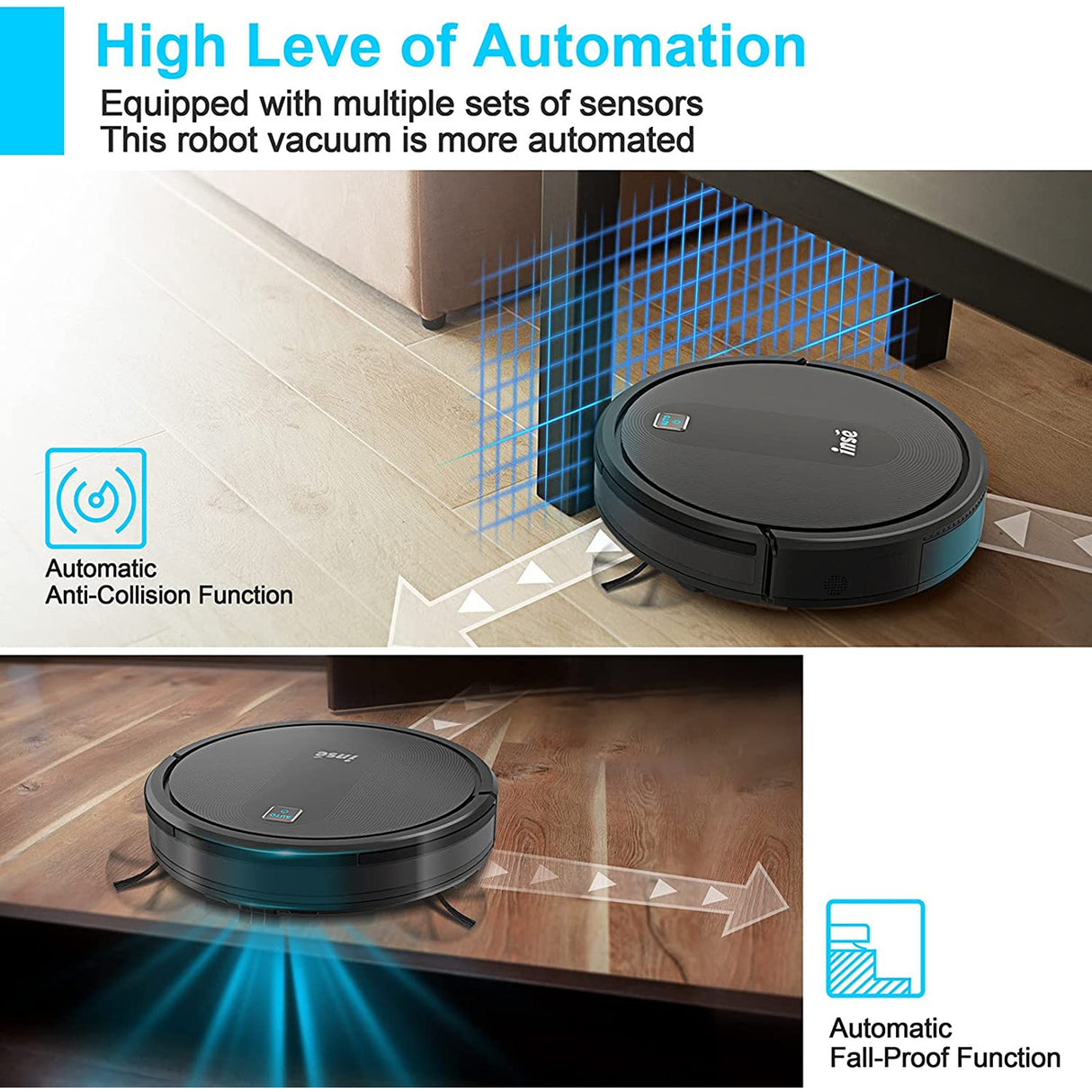 INSE Robot Vacuum Cleaner, 2000Pa Strong Suction, 2.7in Thin, Anti-Drop, 120 Mins Runtime, Self-Charging
