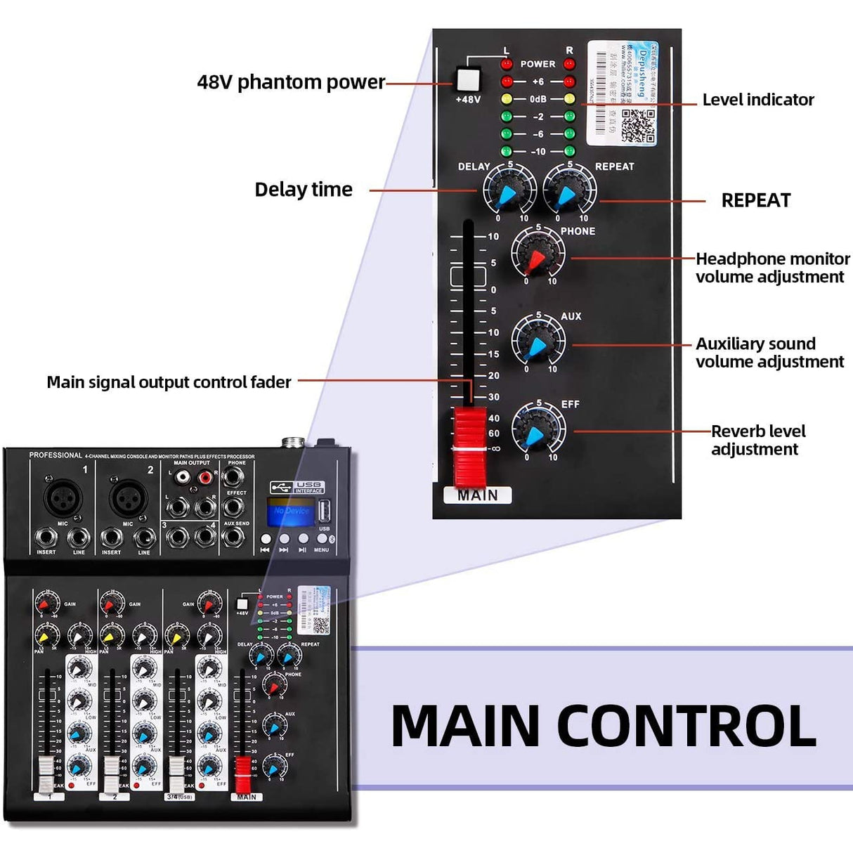 Depusheng HT4 Bluetooth Compatible Professional Portable Digital 4 Channel Mixer Audio Interface, Black