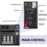 Depusheng HT4 Bluetooth Compatible Professional Portable Digital 4 Channel Mixer Audio Interface, Black