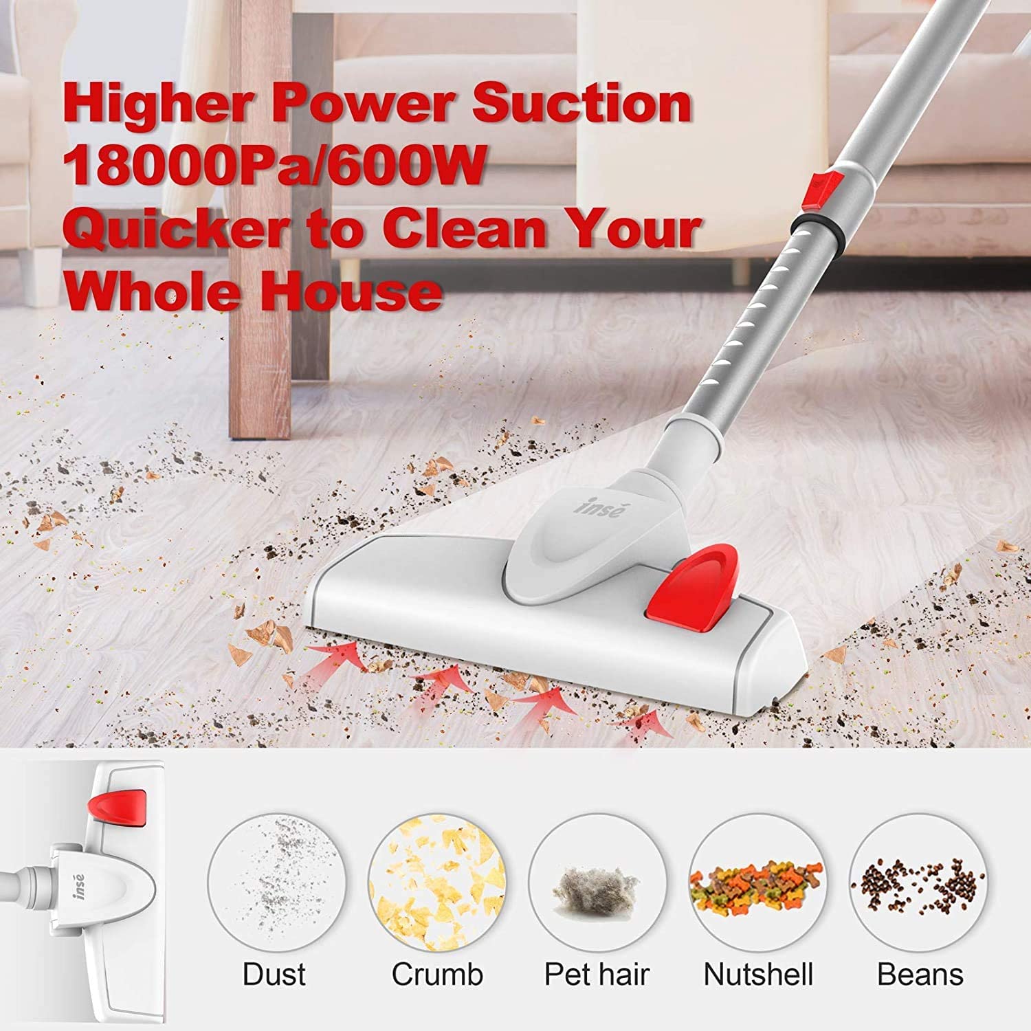 INSE Corded Vacuum Cleaner, 3 in 1 Lightweight Stick Vacuum Cleaner with High Density HEPA Filtration - White