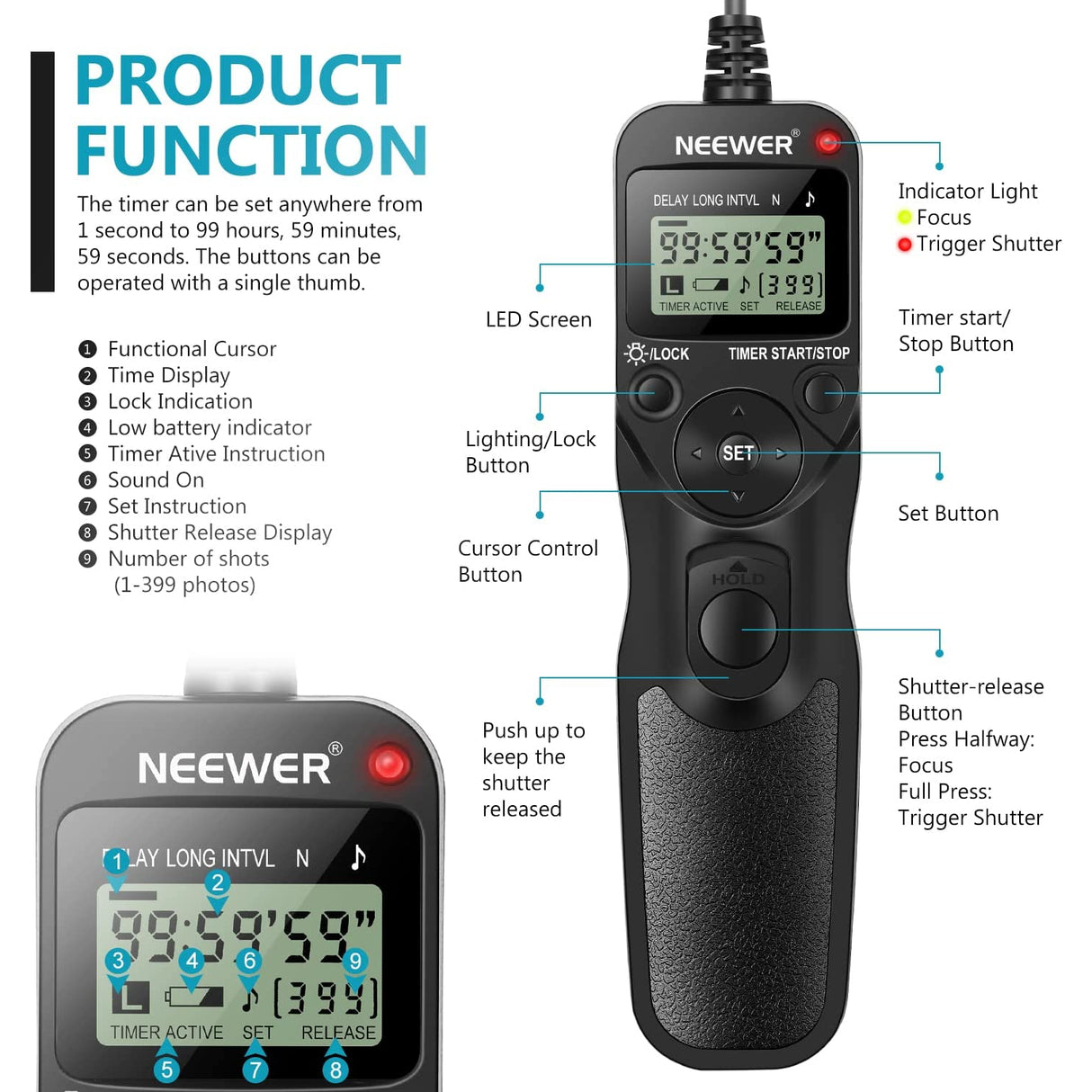 Neewer Digital Timer Remote Shutter Release Trigger (Replacement for MC-DC2)