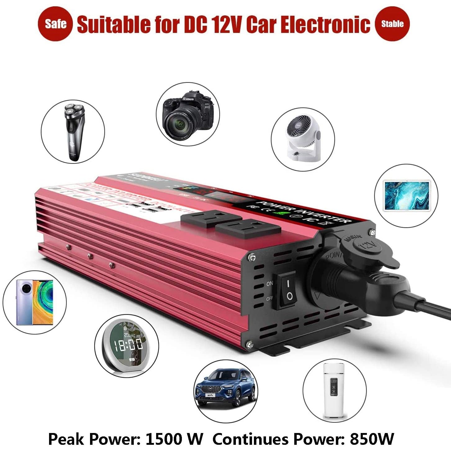 Sudokeji 1500W Power Inverter DC 12V to 240V AC Car Converter 12V Inverter with LCD Display