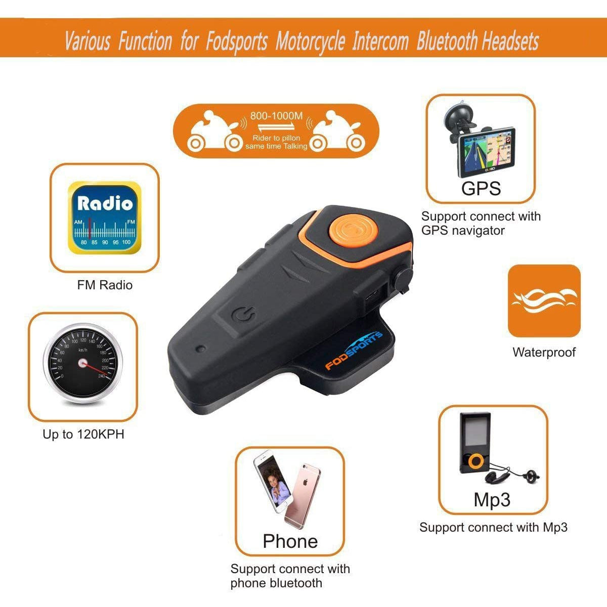 Fodsports BT-S2 Motorcycle Helmet Intercom Headset Water Resistant Bluetooth Interphone Communication System with 1000m