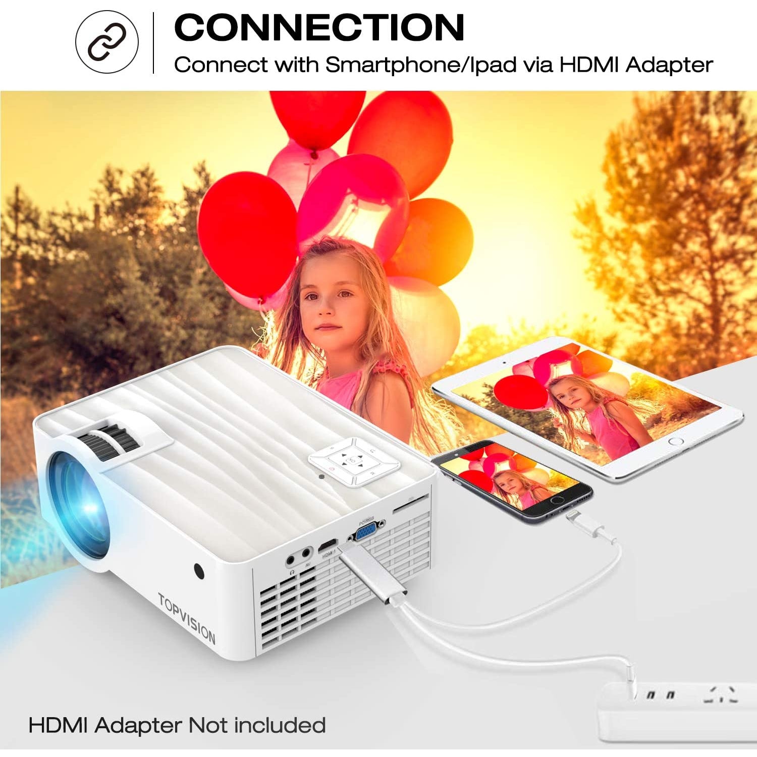 Top Vision 6500L Portable Mini Projector 100”, 1080P Supported