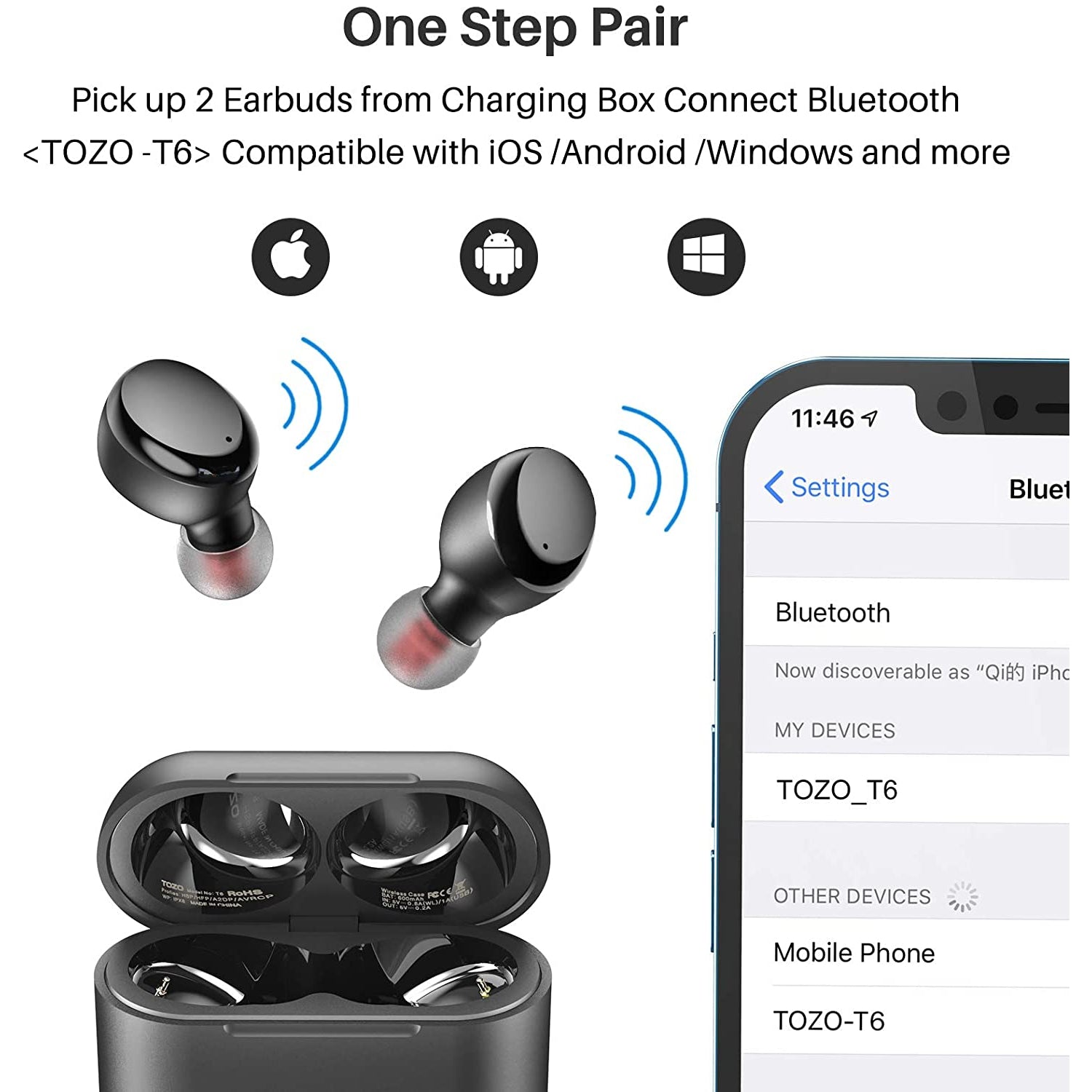 Tozo T6 True Wireless Earbuds - Black