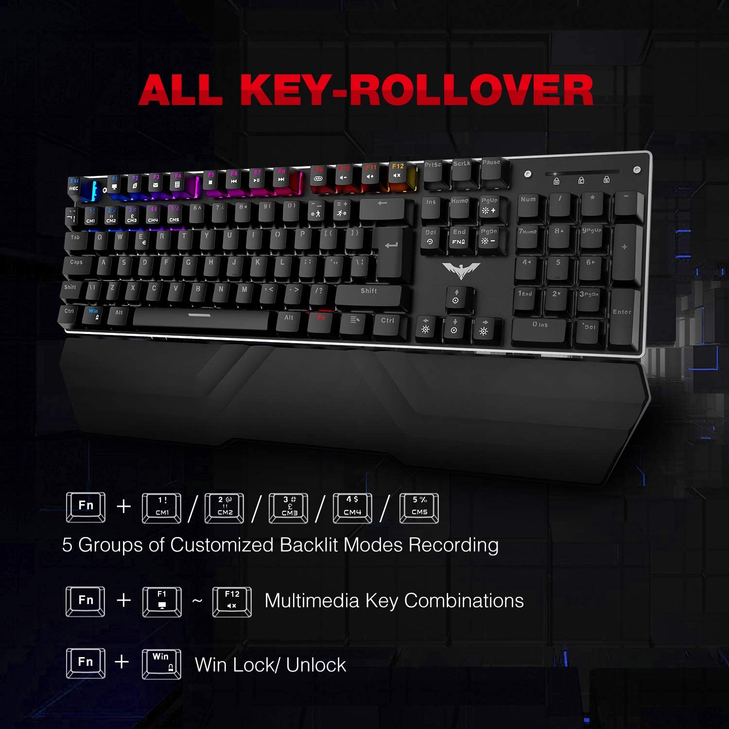 Havit Wired RGB Mechanical Gaming Keyboard & Mouse Combo Set UK Layout, Blue Switch Mechanical Keyboard with Detachable Ergonomic Wrist Rest