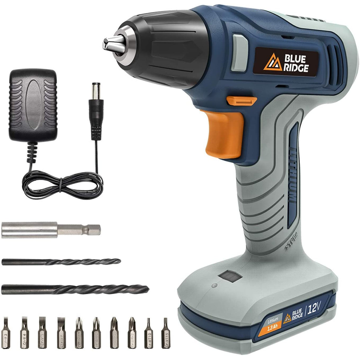 Blue Ridge Cordless Drill Driver 12V, Electric Screwdriver with Charger, 13pcs Accessory Kit