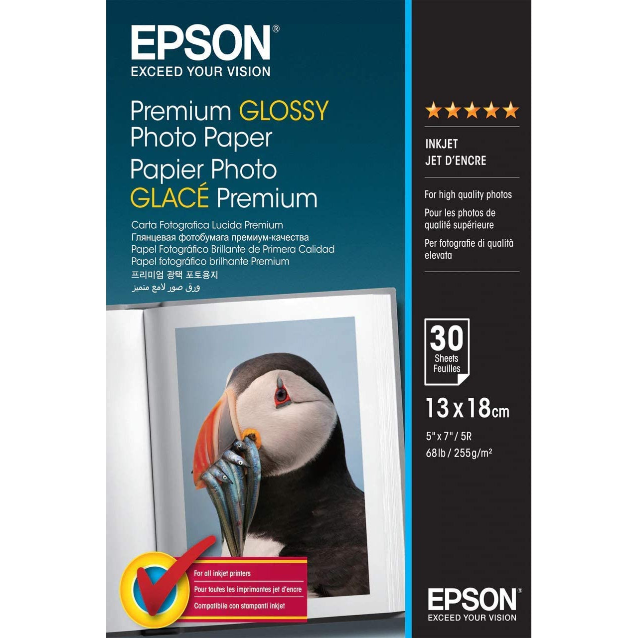 Epson Premium Glossy Photo Paper, 30 Sheets, 13x18cm - White