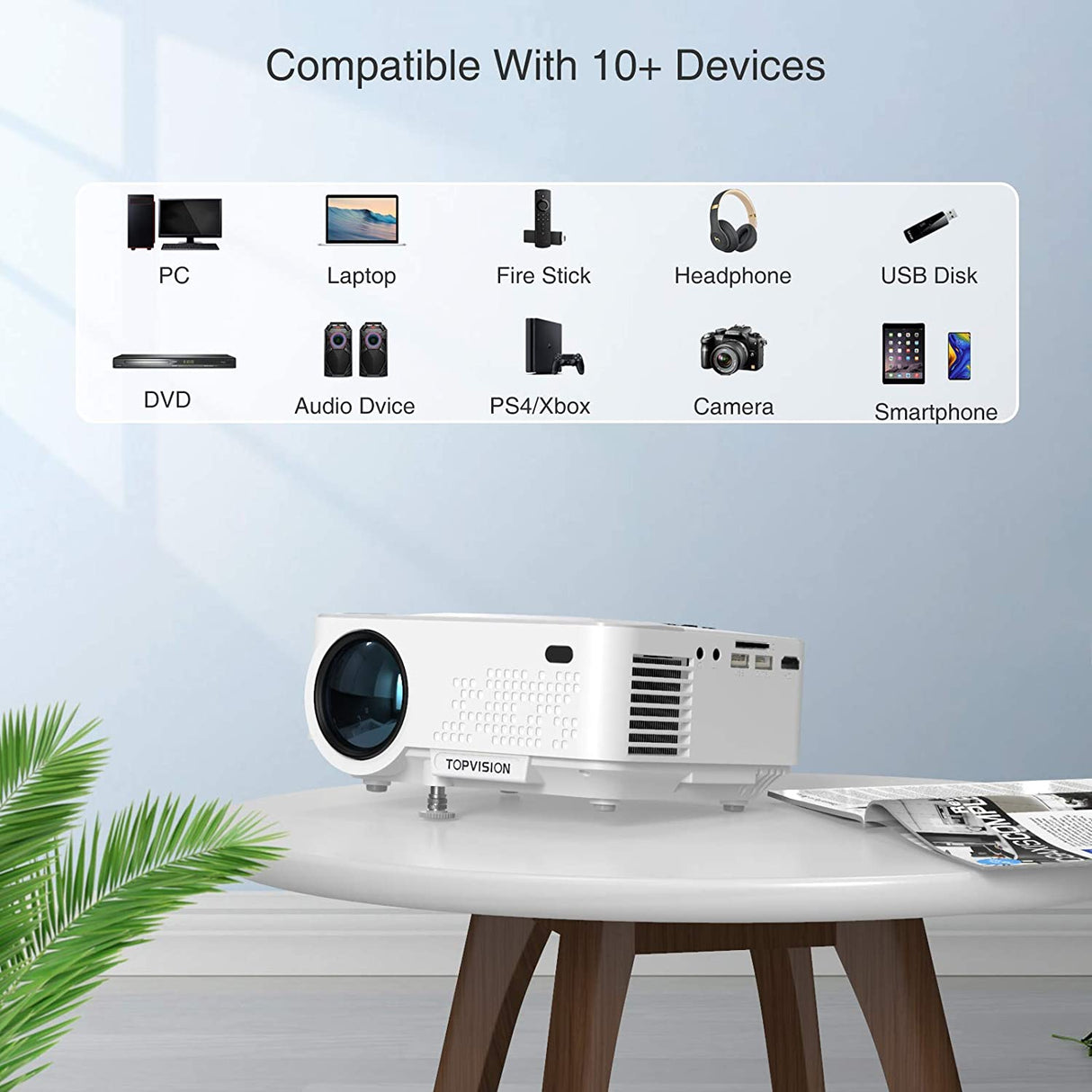 Topvision 6000 Mini Video Projector with Synchronize Smartphone Screen, 240" Display,Full HD 1080P Portable Home Cinema Projectors