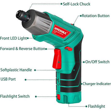 Hychika 3.6V 2.0Ah Electric Screwdriver Rechargeable Screw Gun & Bit Set, Front LED and Rear Flashlight, DC Charging with USB Cable