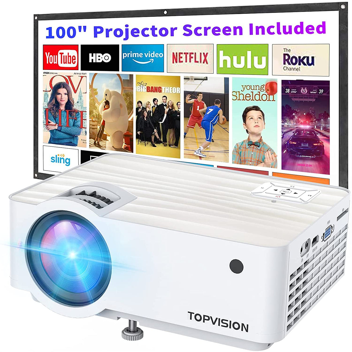 Top Vision 6500L Portable Mini Projector 100”, 1080P Supported