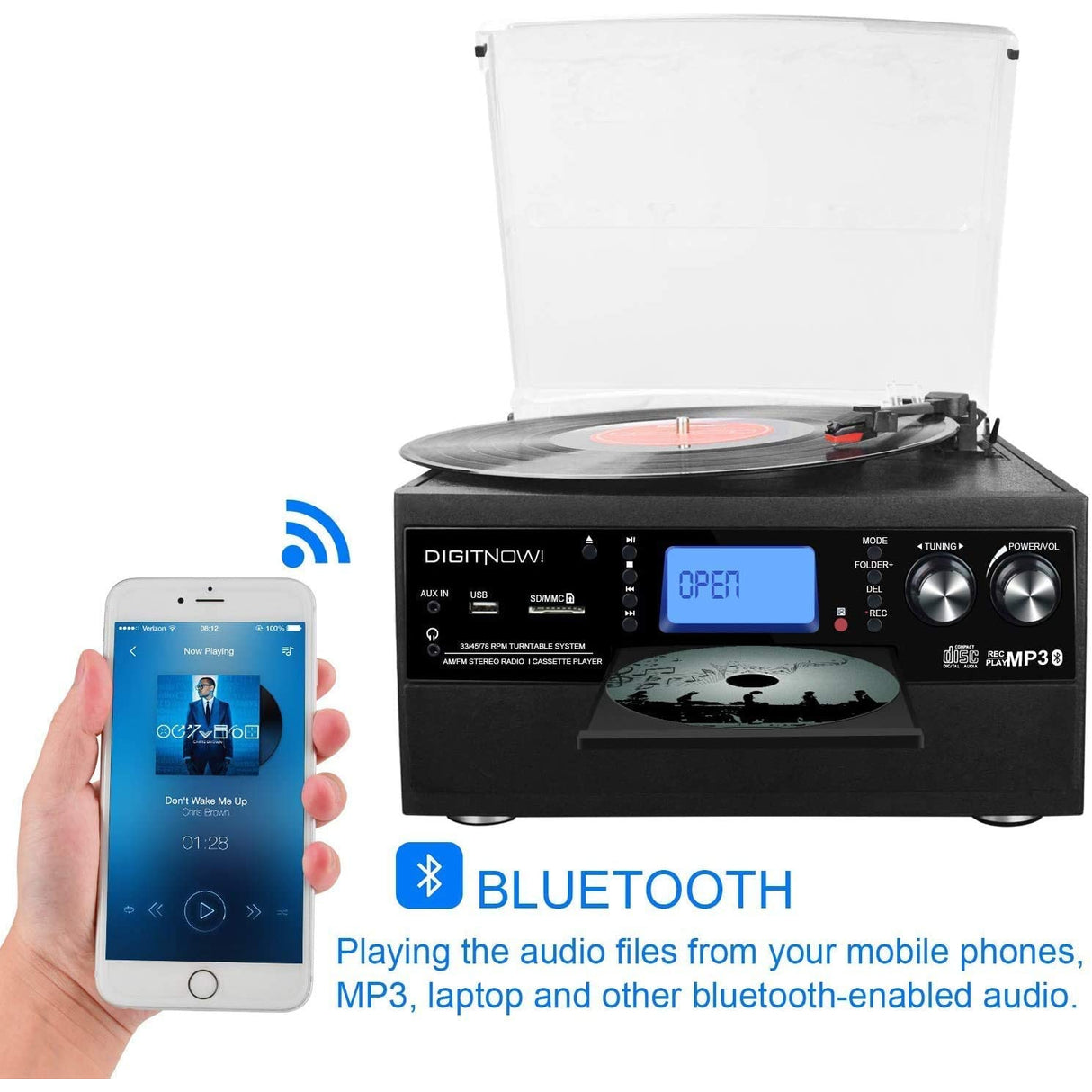 DIGITNOW! Bluetooth Vinyl Record Player Turntable, CD, Cassette, AM/FM Radio and Aux in with USB Port & SD Encoding - Black