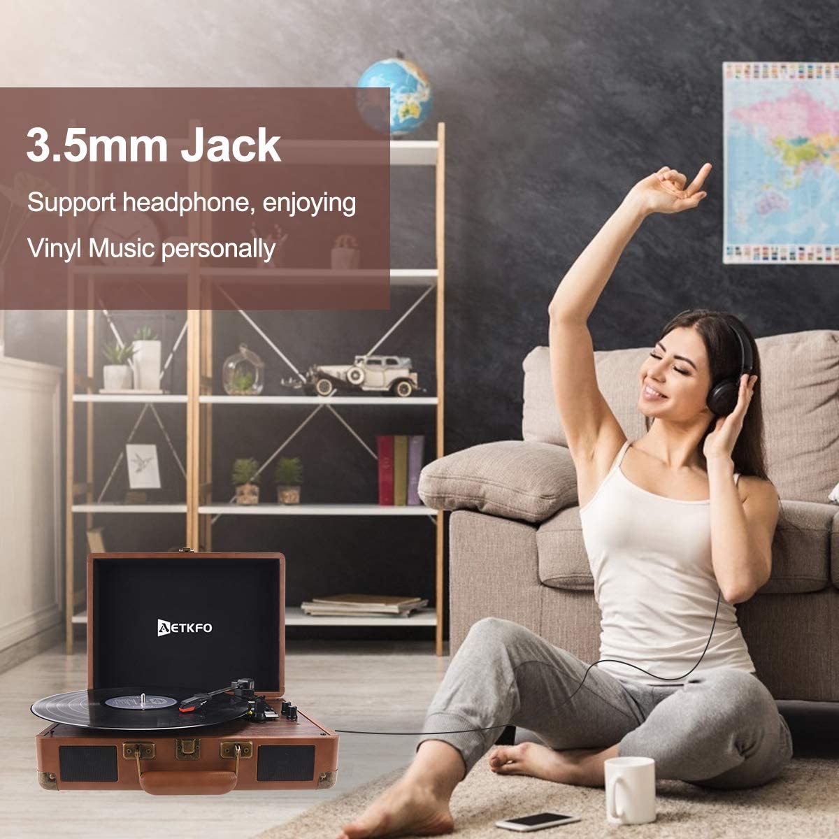 AETKFO Bluetooth Turntable 3-Speed Vinyl Record Player - Brown