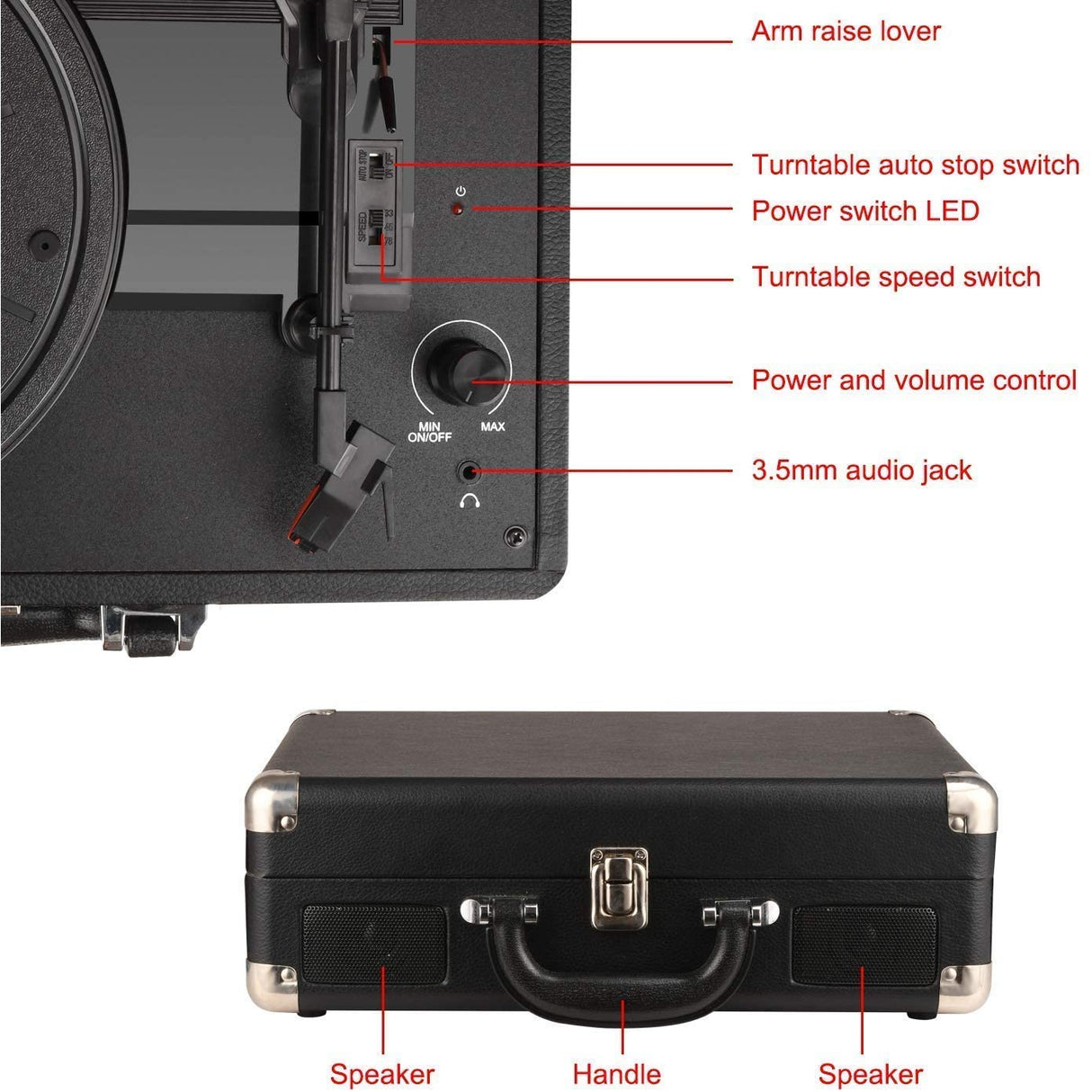 Digitnow Three Speeds Turntable Retro Record Player with Built-in Stereo Speakers, Supports USB, Headphone Jack ,Suitcase Design