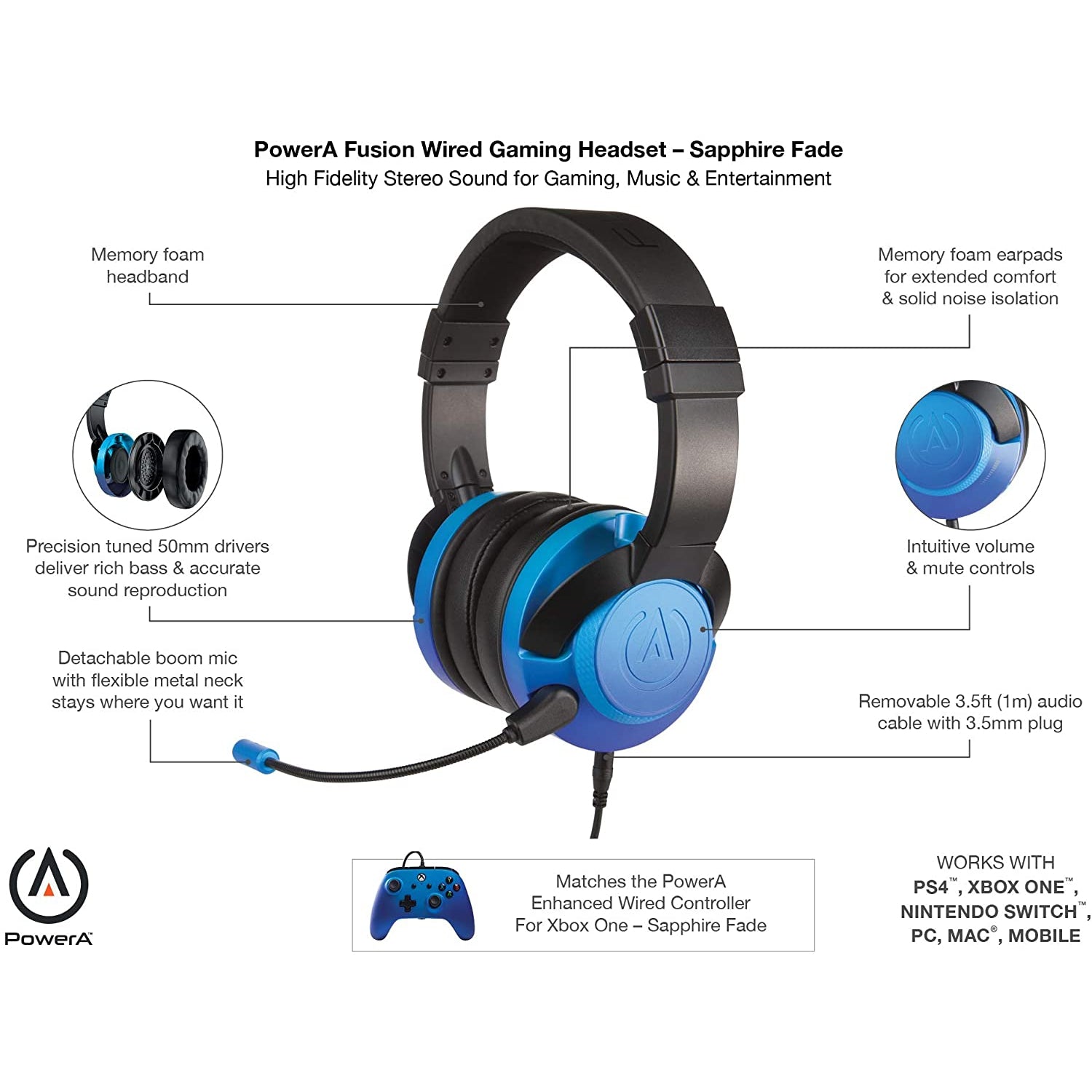 PowerA FUSION Wired Gaming Headset with Mic - PC, Xbox, PS4 - Blue