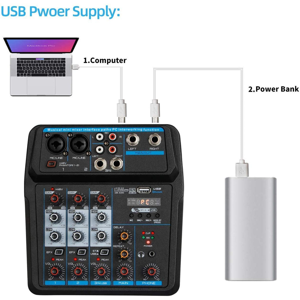 Depusheng U4 Audio Mixer 4-CHANNEL USB Audio Interface Audio Mixer