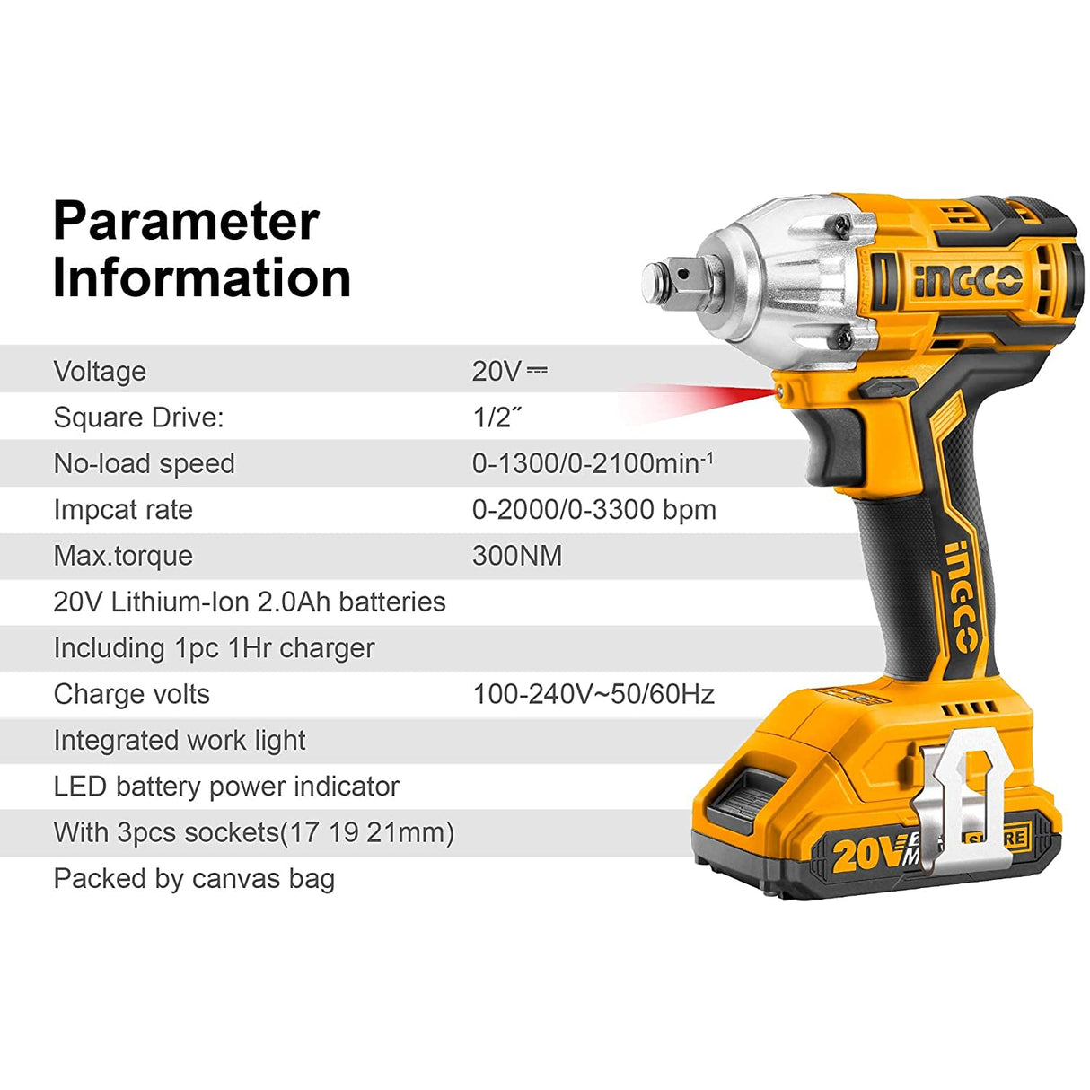 Ingco 20V Brushless Lithium-Ion Impact Wrench with 2 PCS 2.0Ah Batteries, Charger, 3pcs Sockets, 1/2 Inch, 300NM CIWLI20013
