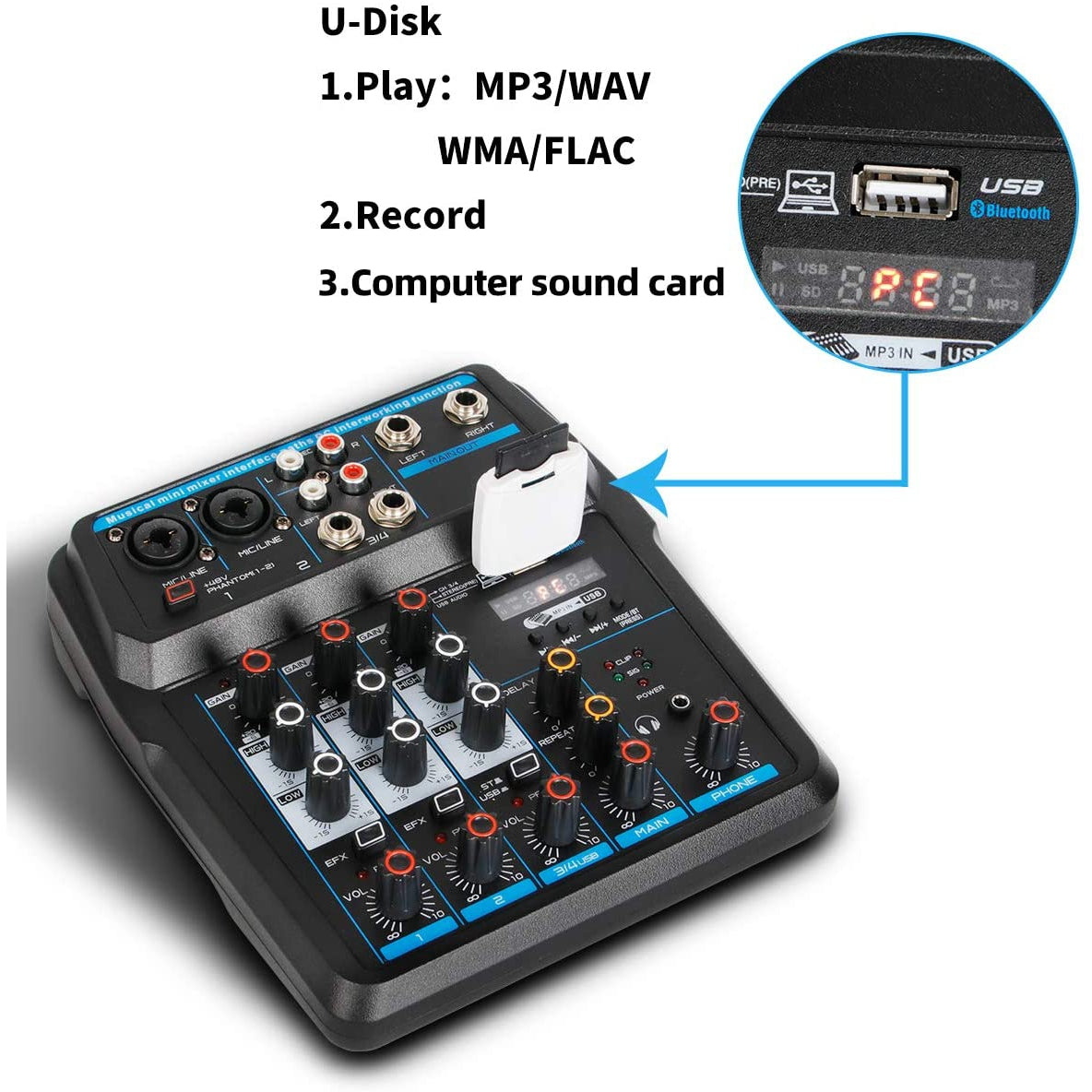 Depusheng U4 Audio Mixer 4-CHANNEL USB Audio Interface Audio Mixer