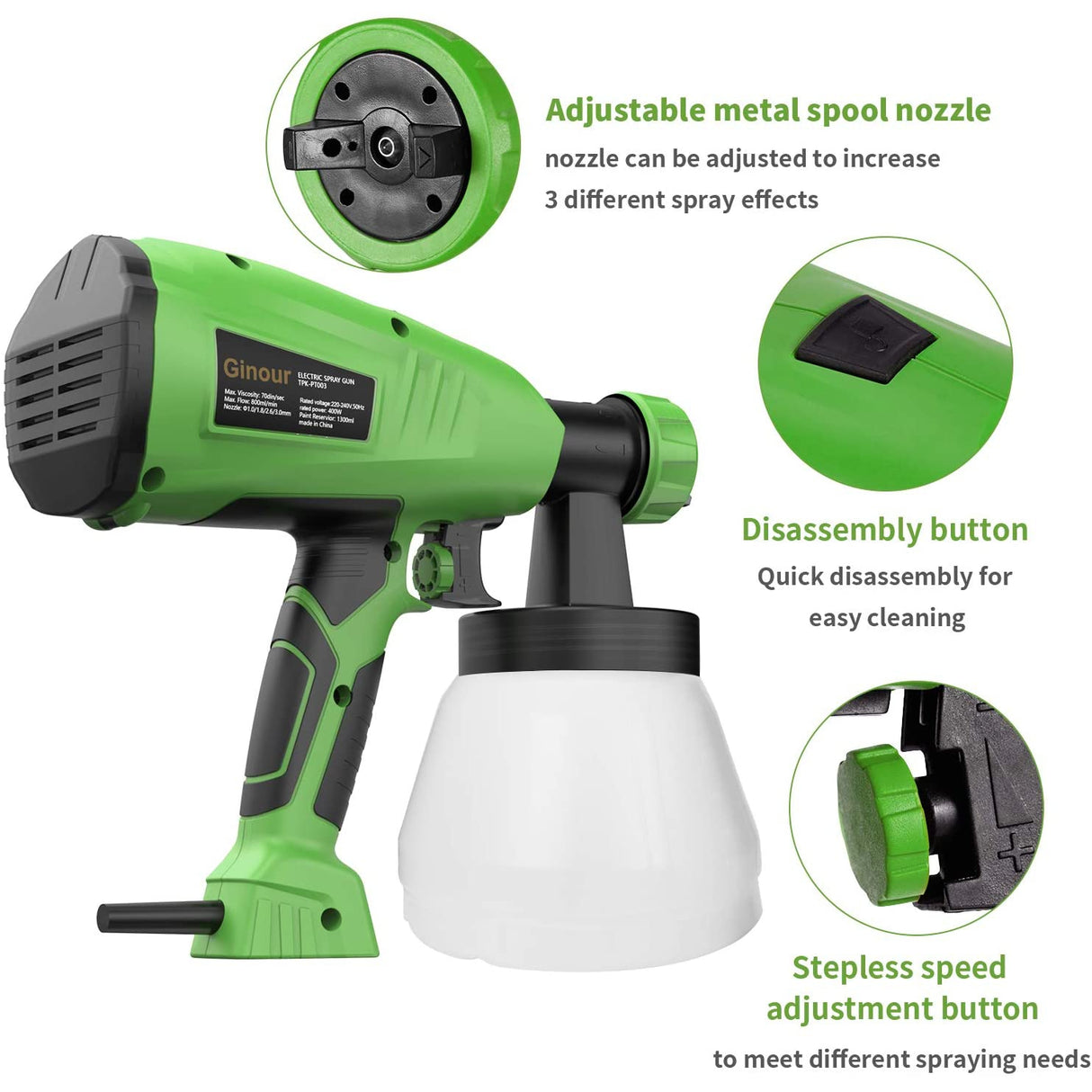 Ginour Fence Paint Sprayer with 3 Painting Modes, 4 Nozzle Sizes, 400W 1300ml Detachable Container