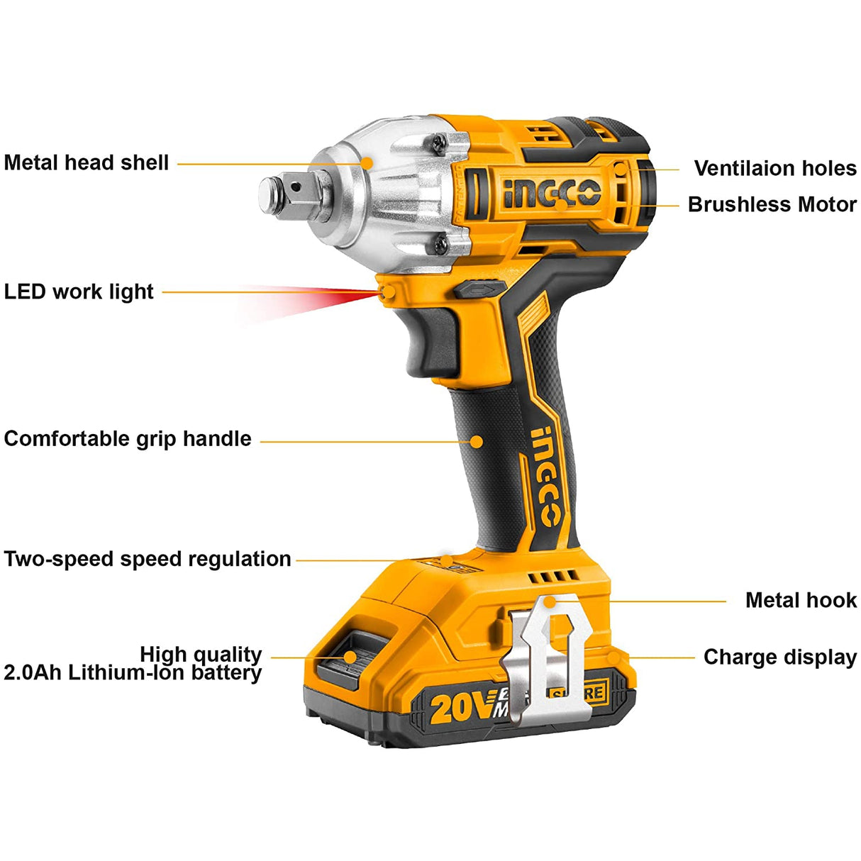 Ingco 20V Brushless Lithium-Ion Impact Wrench with 2 PCS 2.0Ah Batteries, Charger, 3pcs Sockets, 1/2 Inch, 300NM CIWLI20013