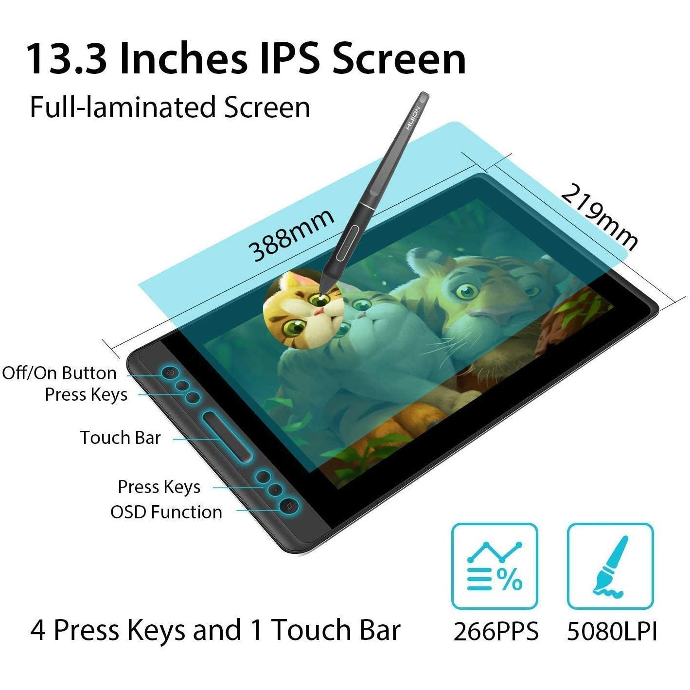 Huion Kamvas Pro 13 Full HD 13.3 inch Graphics Tablet Monitor with Battery-free for On Screen Sketching and Drawing