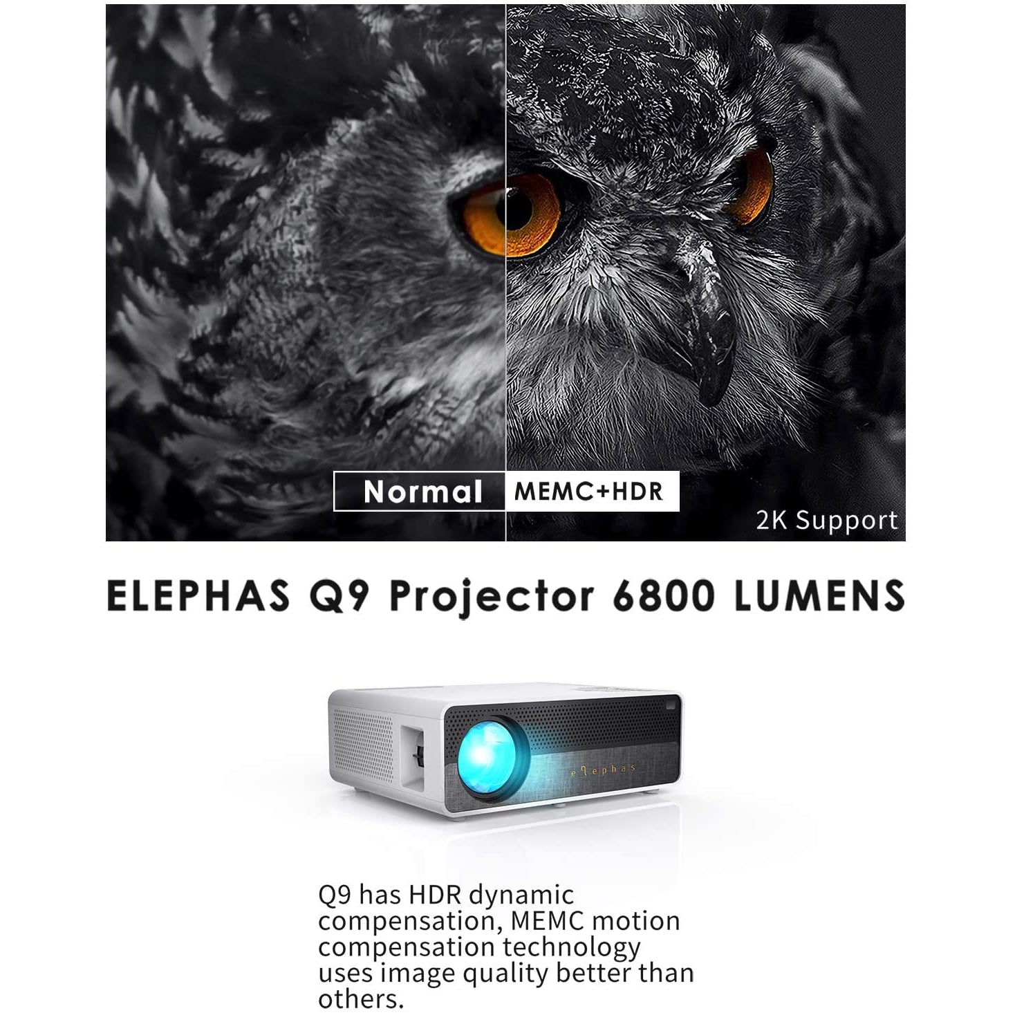 ELEPHAS Q9 Projector Native 1080P HD Video Projector Supports 2K, 6800 Lumens - White