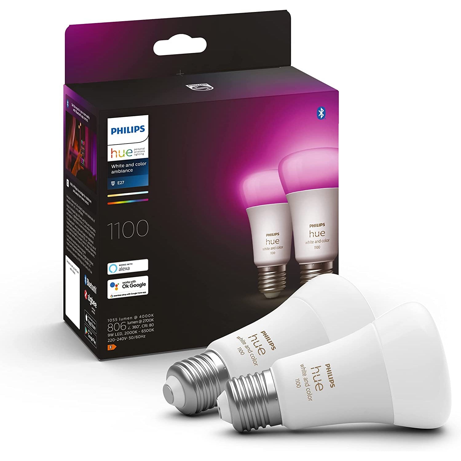 Philips Hue E27 Colour Smart Bulb With Bluetooth - 2 Pack