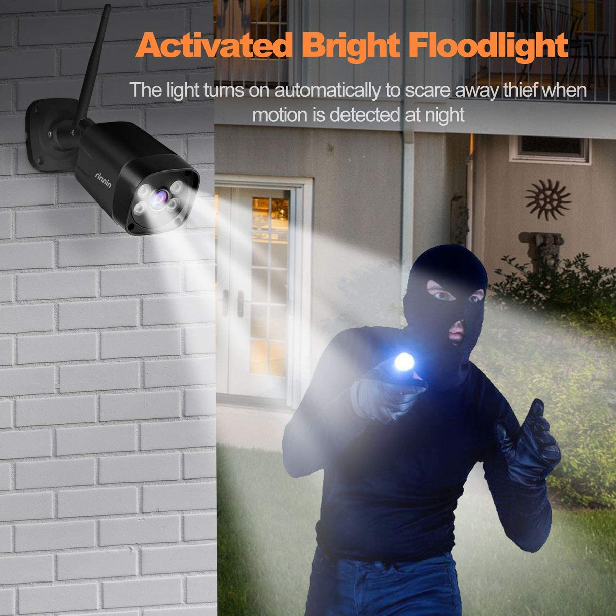 Rinnin 3MP/1296P Wired Outdoor Surveillance Camera with Floodlight, Colour Night Vision, Two-Way Audio, IP66 Waterproof & Motion Detection