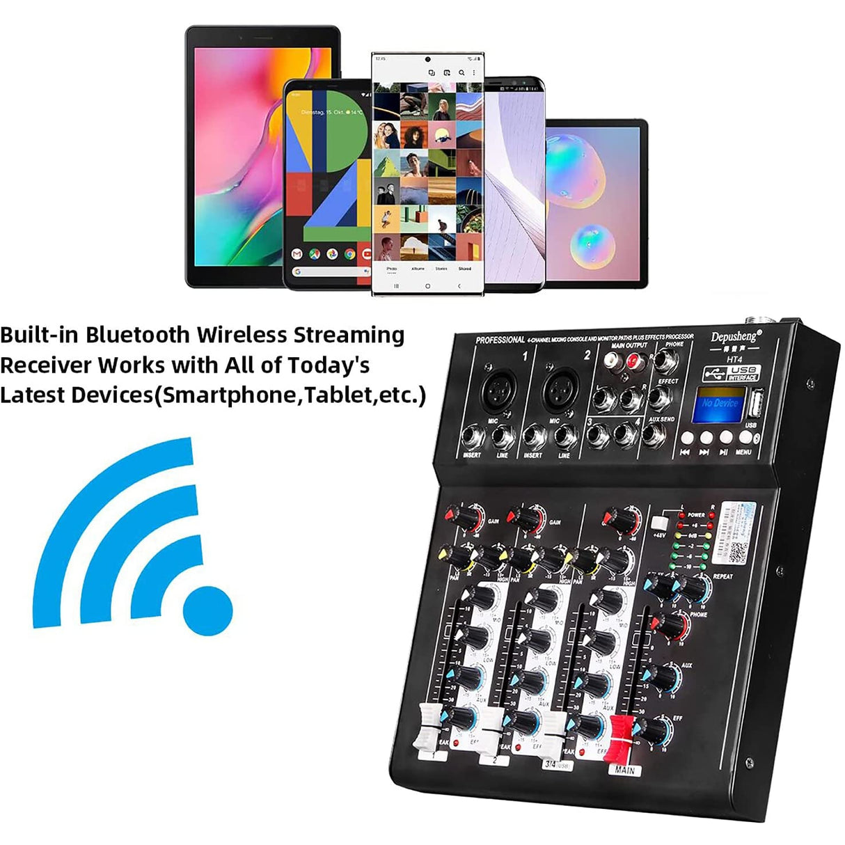 Depusheng HT4 Bluetooth Compatible Professional Portable Digital 4 Channel Mixer Audio Interface, Black