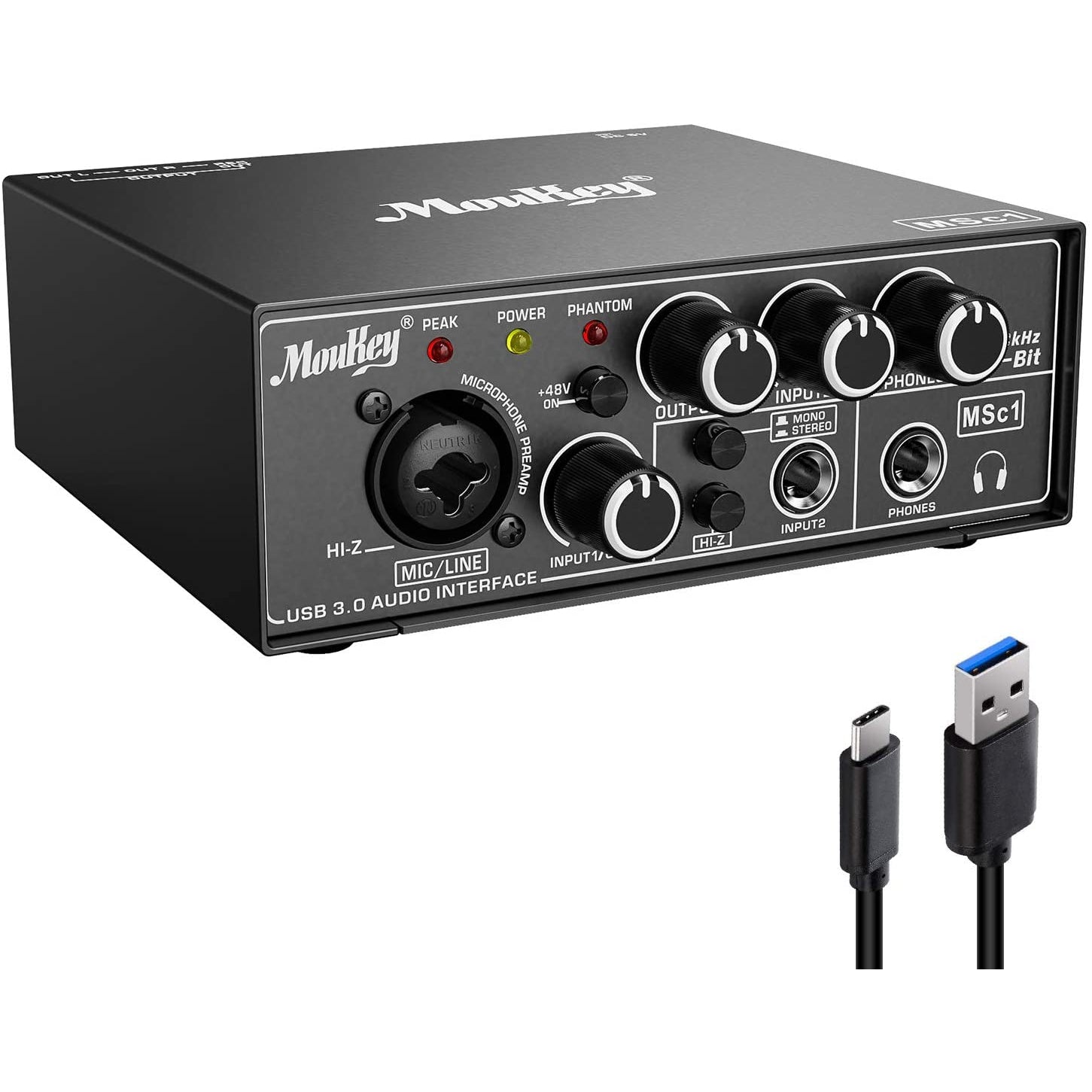 Moukey Audio Interface USB-C 3.0 24 Bit 48Khz with Phantom Power 48V
