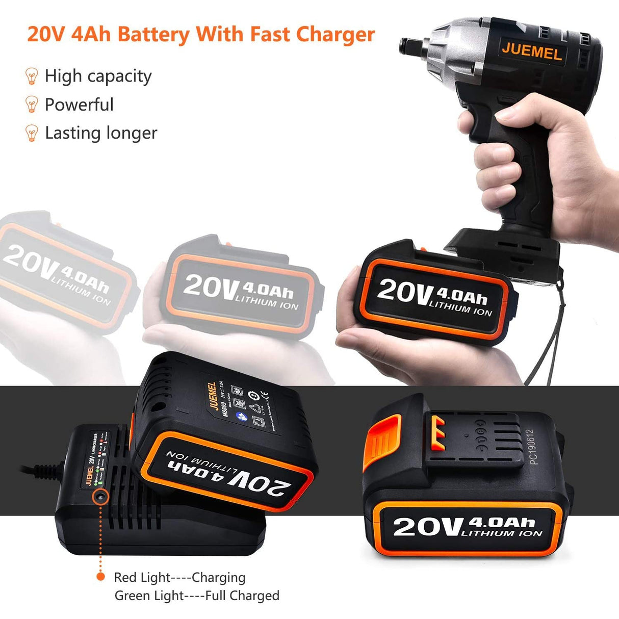 Cordless Impact Wrench Juemel 20V Impact Driver 4.0Ah Lithium Battery