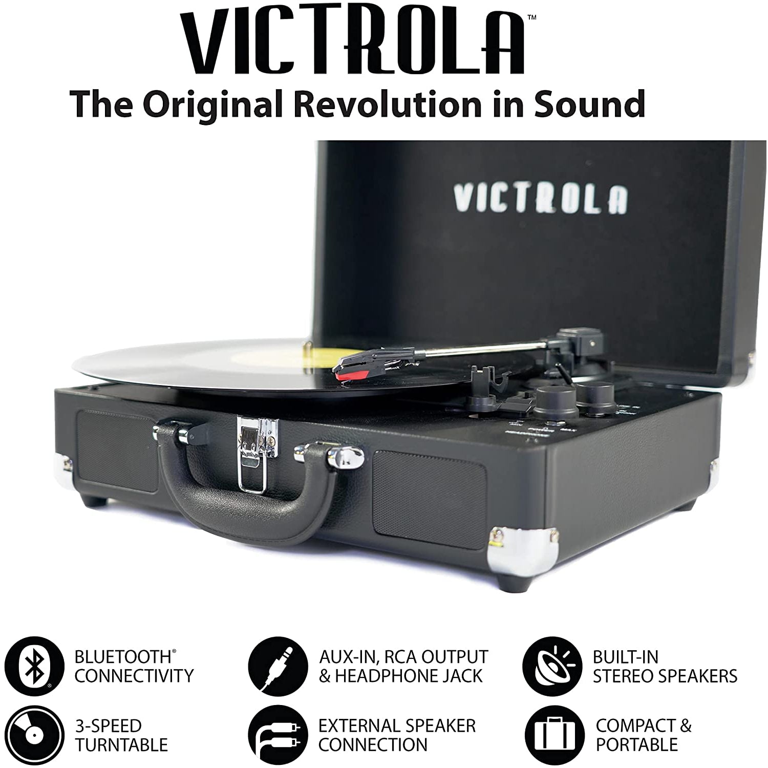 Victrola Bluetooth Portable Suitcase Record Player 3 Speed - Black